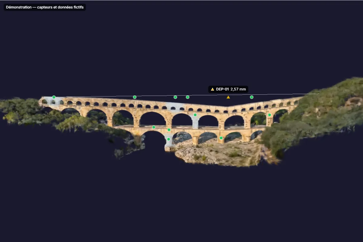 لقطة من العارض ثلاثي الأبعاد لـ SensyTwin (الواجهة باللغة الفرنسية): جسر Pont du Gard من الأمام، مع شكل تشوهه مضخما 5000 مرة عند الهبوط الذي قاسه مستشعر الإزاحة الوهمي DEP-01، أسفل خط المحور في وضع السكون