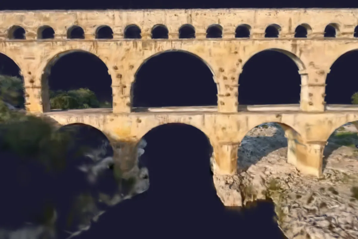 لقطة من العارض ثلاثي الأبعاد لـ SensyTwin (الواجهة باللغة الفرنسية): لقطة مقربة لأقواس جسر Pont du Gard، معروضة بتقنية Gaussian Splatting